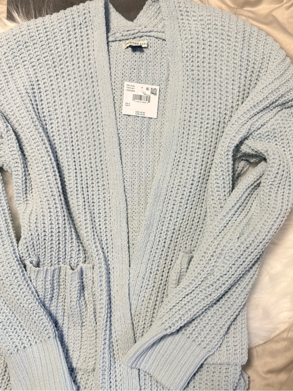 American Eagle Outfitters Pale Blue Open-Front Chunky Knit Cardigan